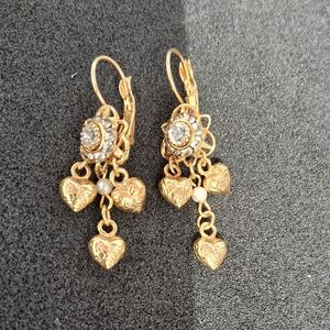 Gold Heart Drop Earrings with Crystal and Pearl Accents